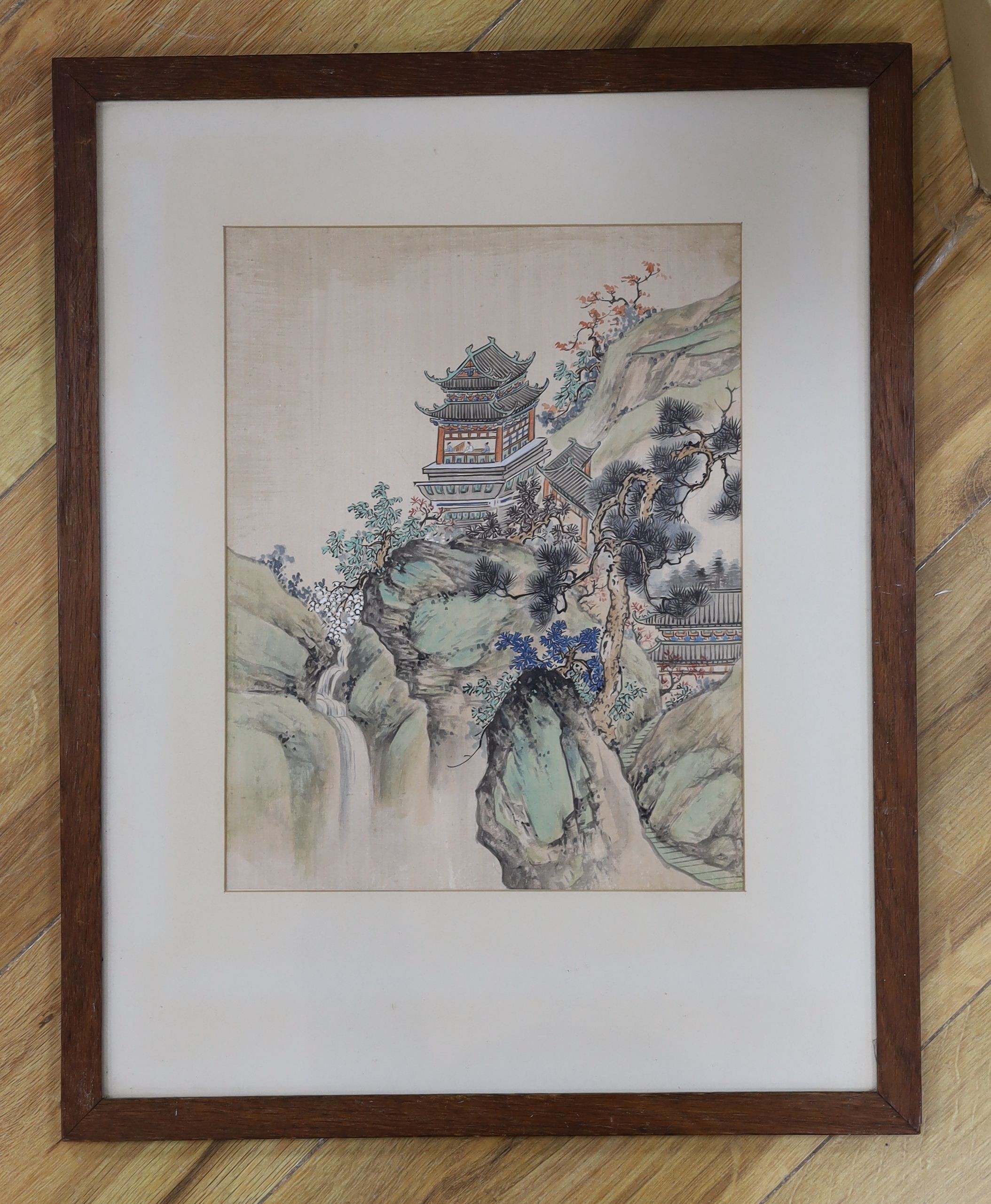 Chinese School, gouache and watercolour on silk, Pagoda in a landscape, 30 x 24cm